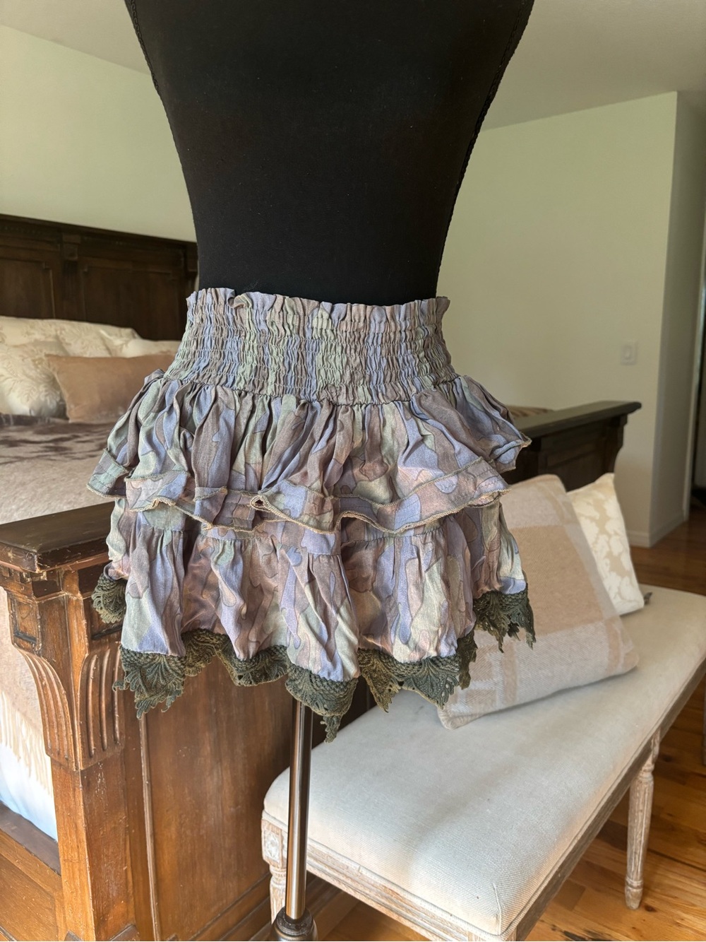 Smocked Waist Tiered Mini Skirt in Pastel Multi-Color with Olive Lace